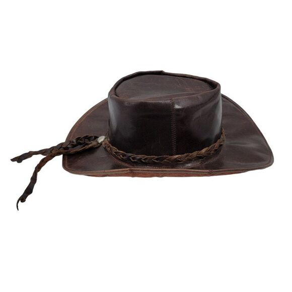 Vtg Hat Leather Cowboy Safari Distressed Braided Accent Unisex Dark Brown L 21" - Picture 6 of 10